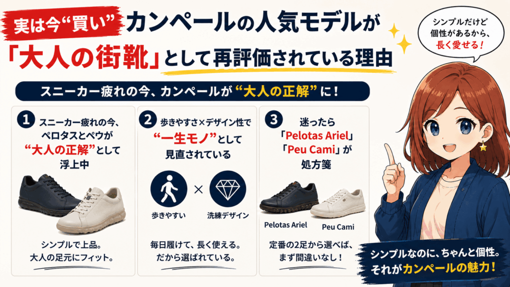 結論｜カンペールは「ダサい」のではなく「攻めすぎモデルに引っ張られてる」だけだった
