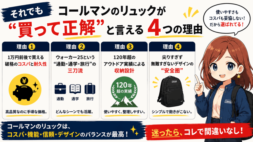 結論：コールマンのリュックは「ダサい使い方」が出回ってるだけ