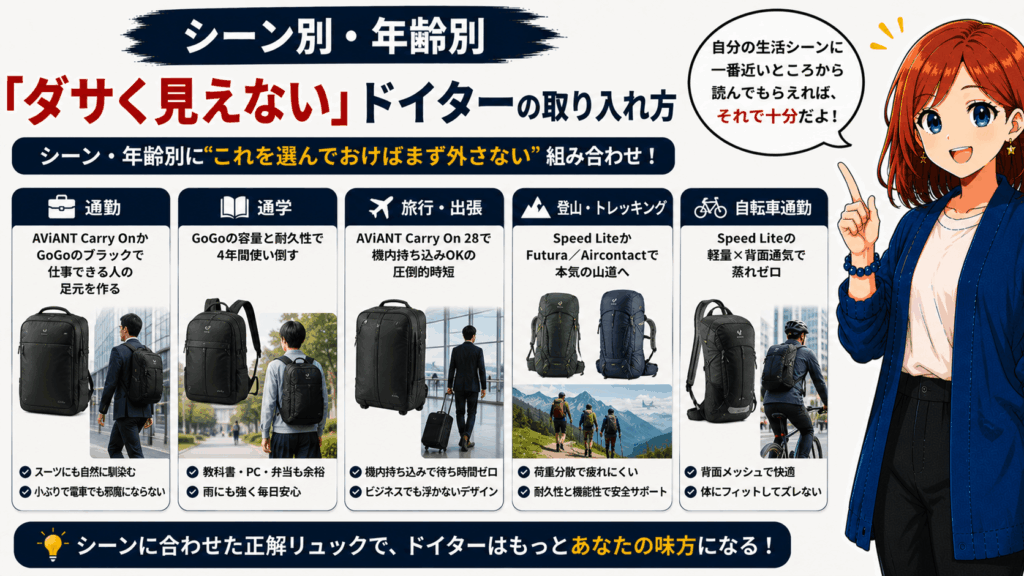 結論:ドイターのリュックは「ダサい」のではなく「使いどころを間違えてるだけ」だった
