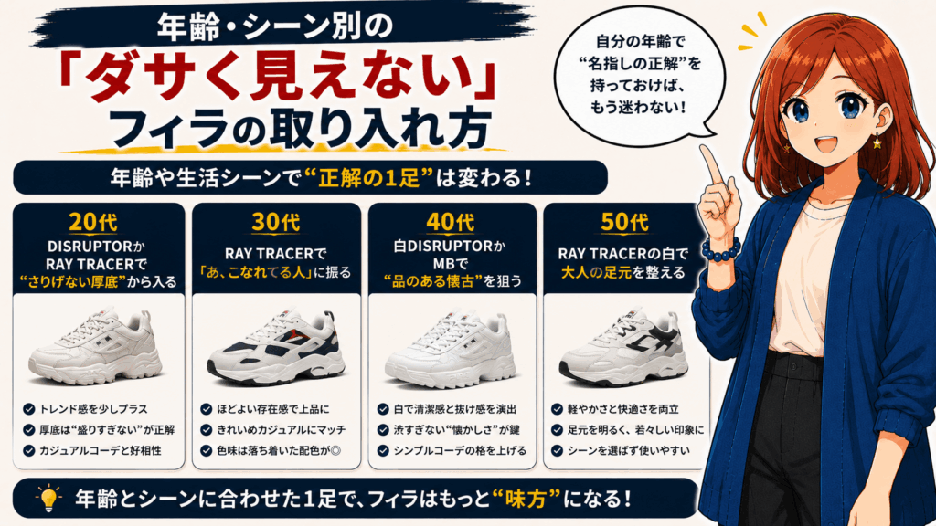 結論:フィラのスニーカーは「選び方を間違えてるだけ」だった