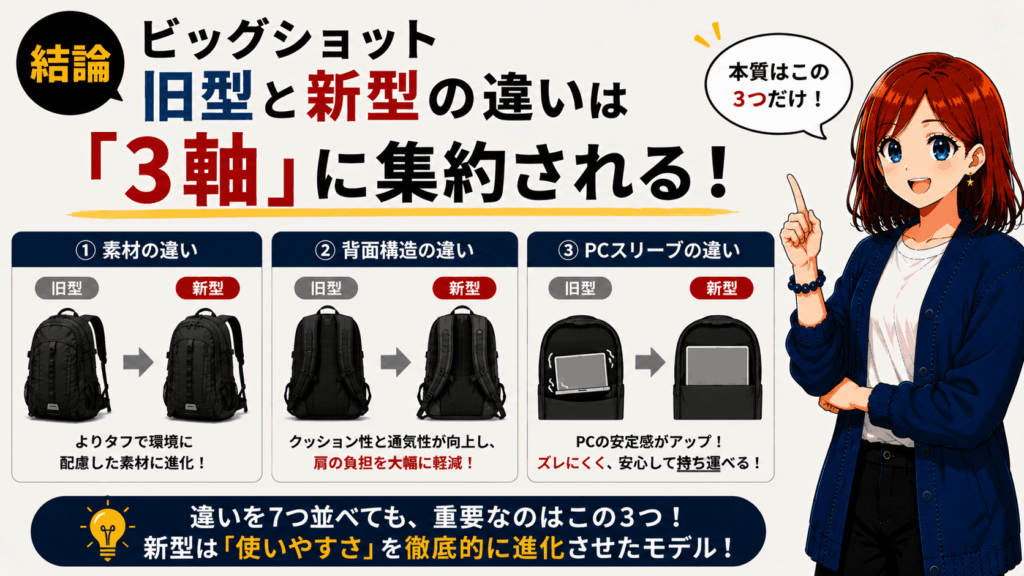 結論：旧型と新型の違いは「素材・背面・PC」の3軸に集約される