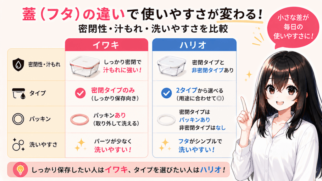 蓋（フタ）の違い：密閉性・汁もれ・洗いやすさ