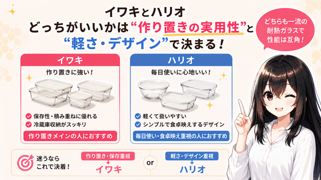 結論：イワキとハリオどっちがいいかは“作り置きの実用性”と“軽さ・デザイン”で決まる